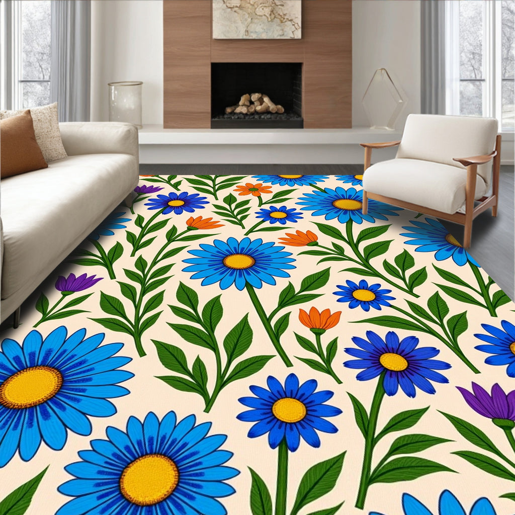 Vivid Blue Orange Floral Pattern Rug