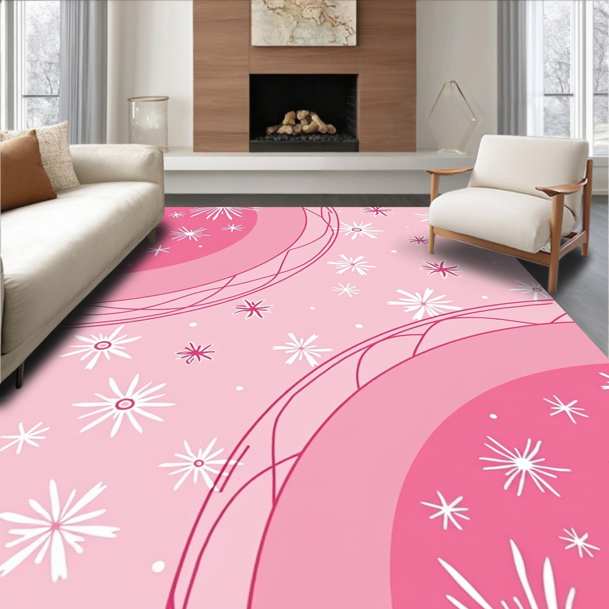 Pink Floral Starburst Abstract Design Rug