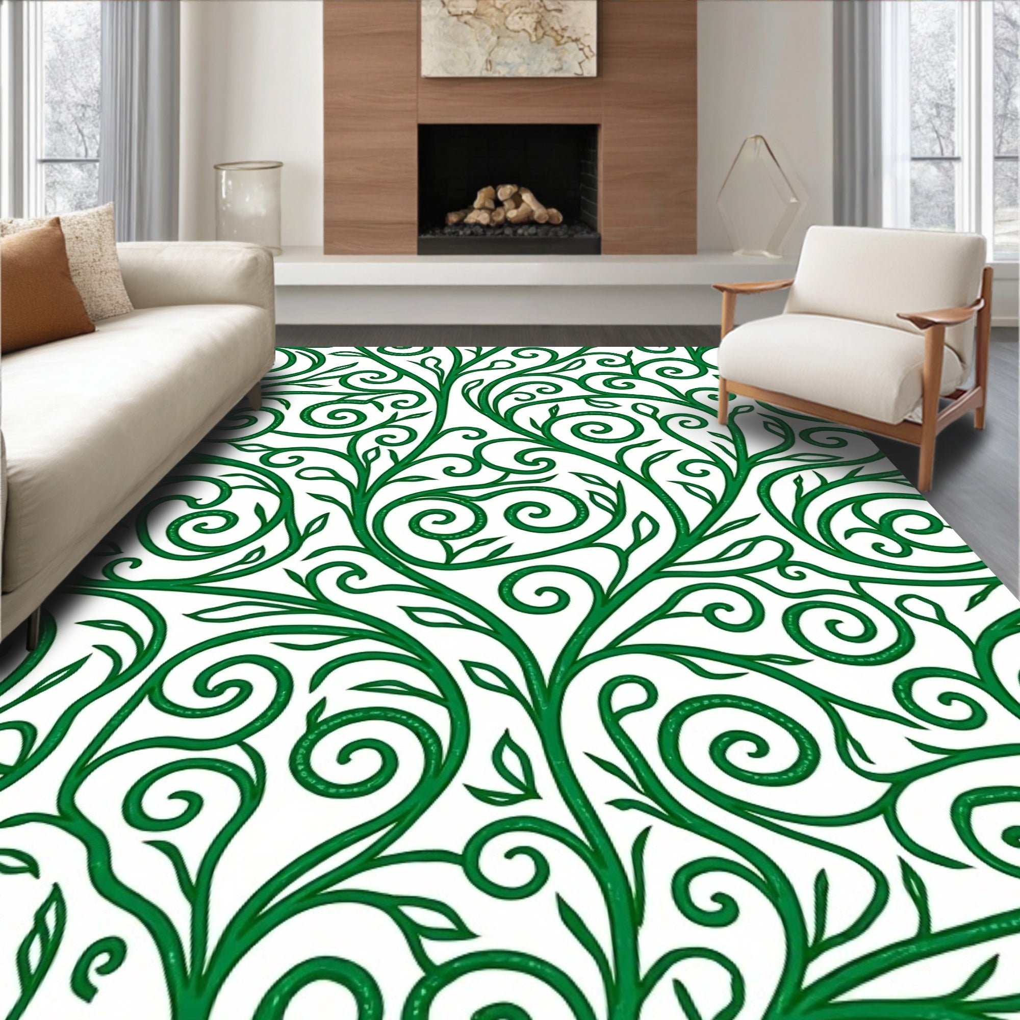 Green Swirling Vine Leaf Pattern Rug