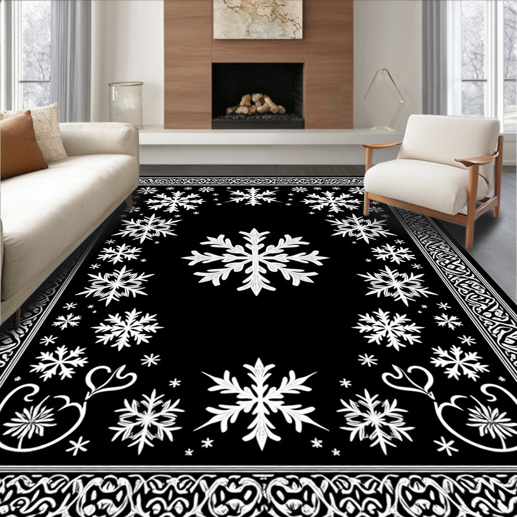 Black White Snowflake Intricate Border Rug