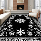 Black White Snowflake Intricate Border Rug