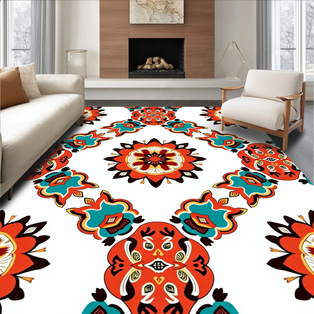 Vibrant Coral Teal Floral Medallion Pattern Rug