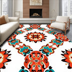 Vibrant Coral Teal Floral Medallion Pattern Rug