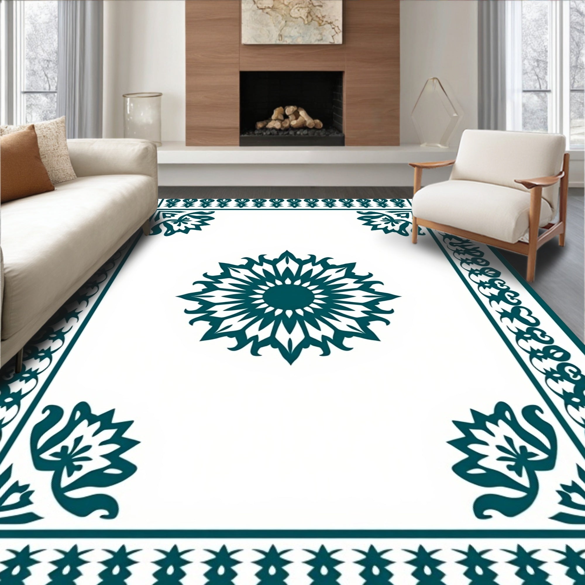 Intricate Teal Floral Mandala Design Rug