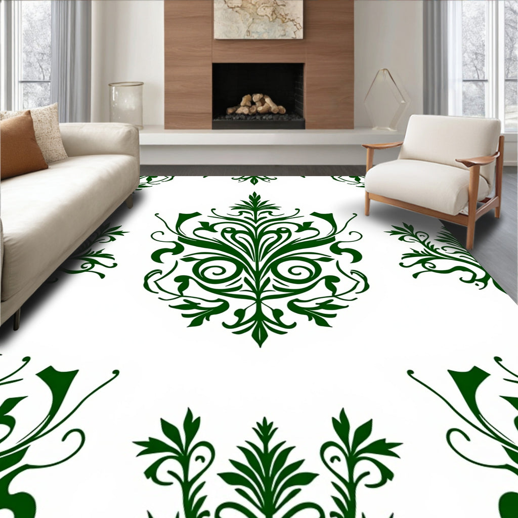 Elegant Symmetrical Green Floral Pattern Design Rug
