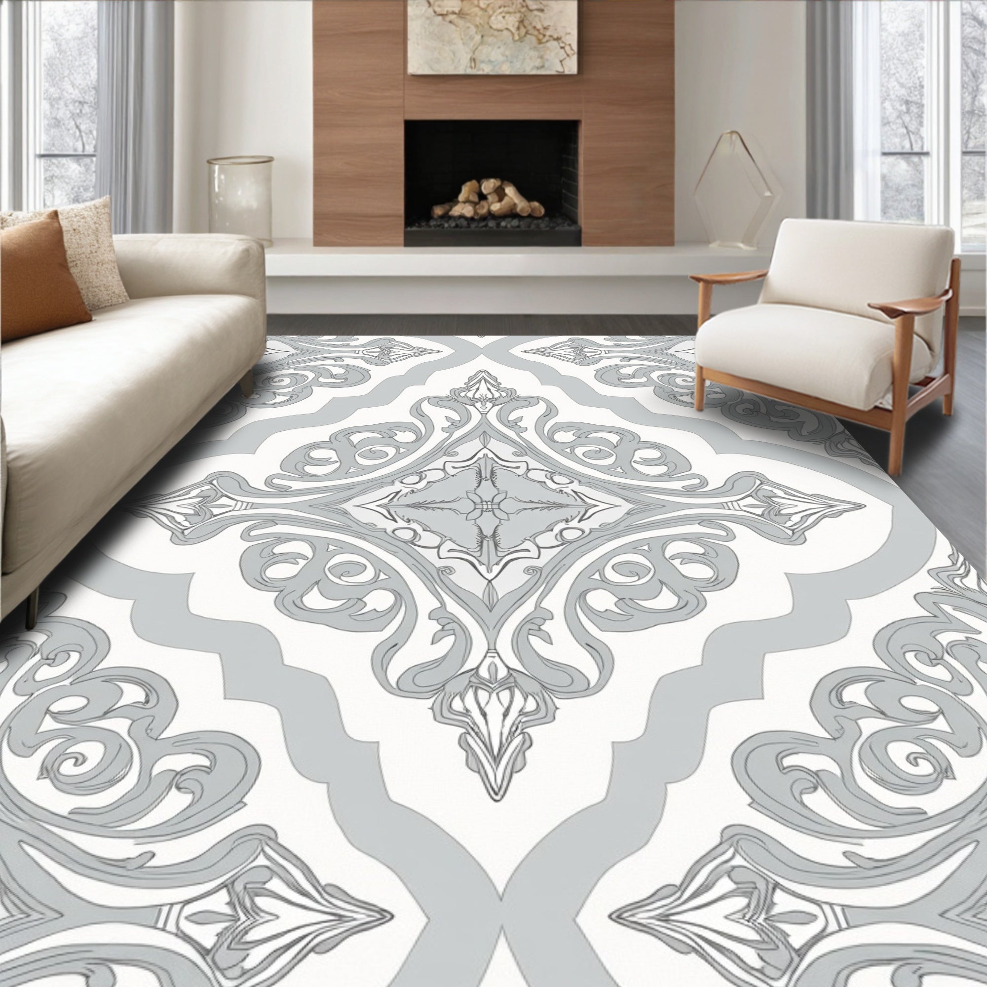 Ornate Scrollwork Floral Symmetry Rug