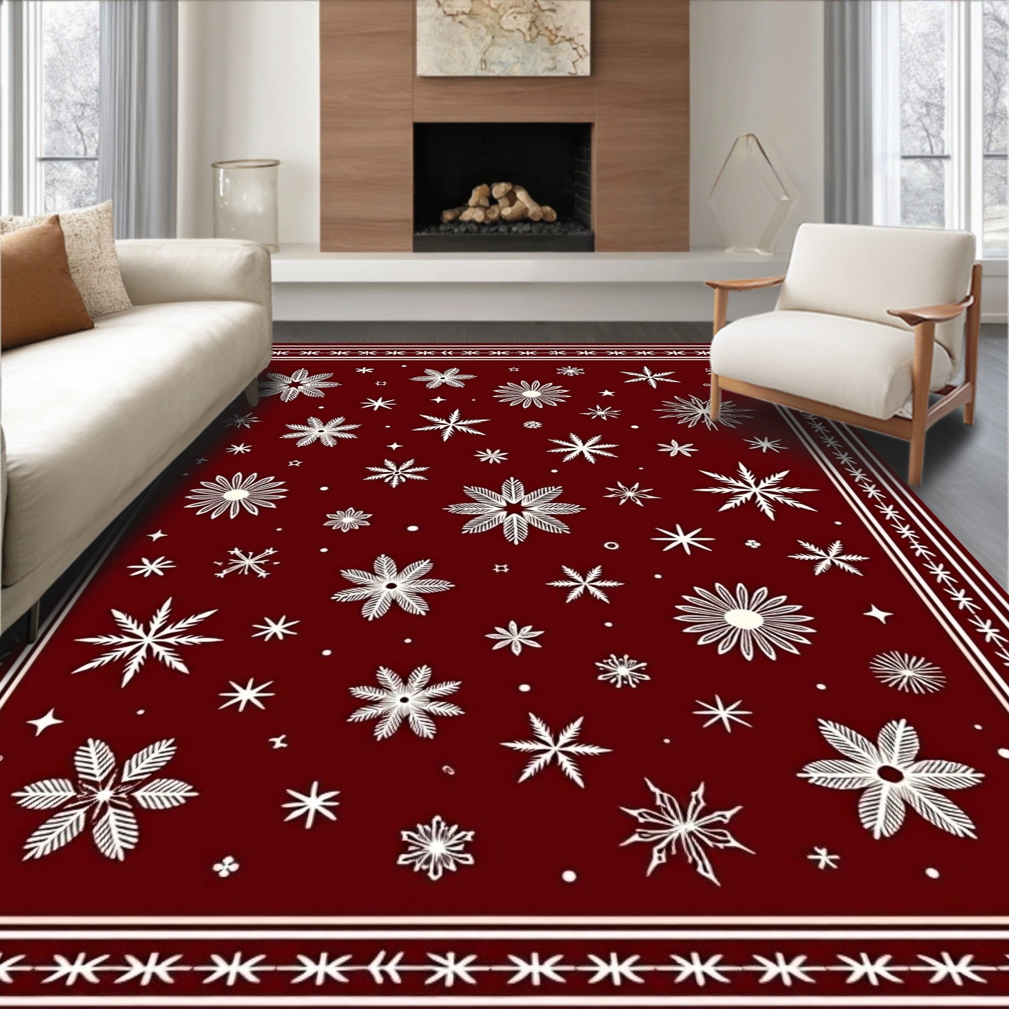 Winter Snowflake Patterned Red Rug