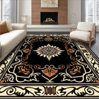 Ornate Floral Medallion Black Cream Rug