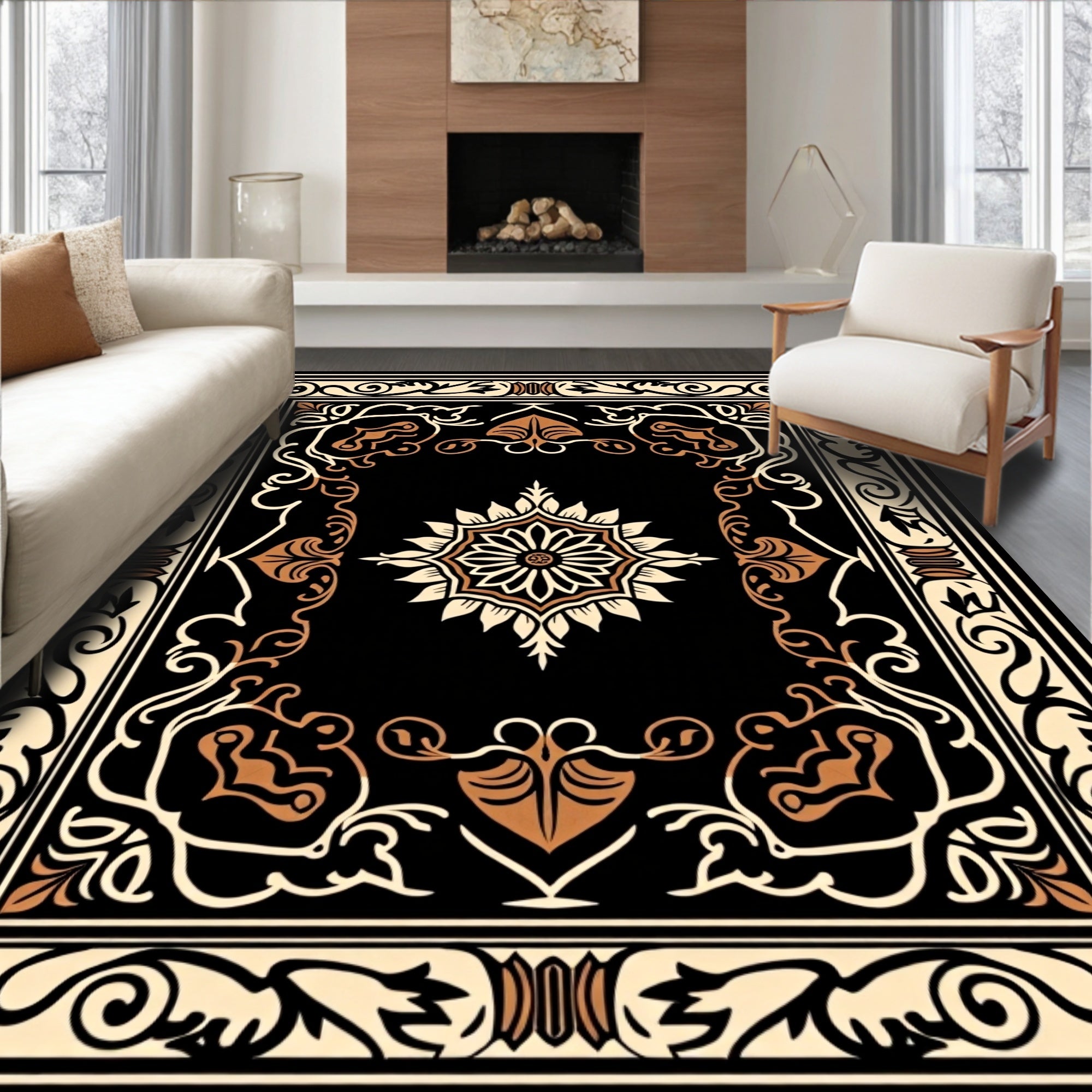 Ornate Floral Medallion Black Cream Rug