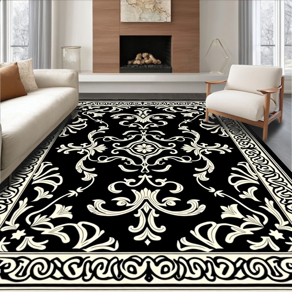 Classic Black Off-White Floral Border Rug