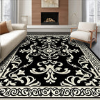 Classic Black Off-White Floral Border Rug
