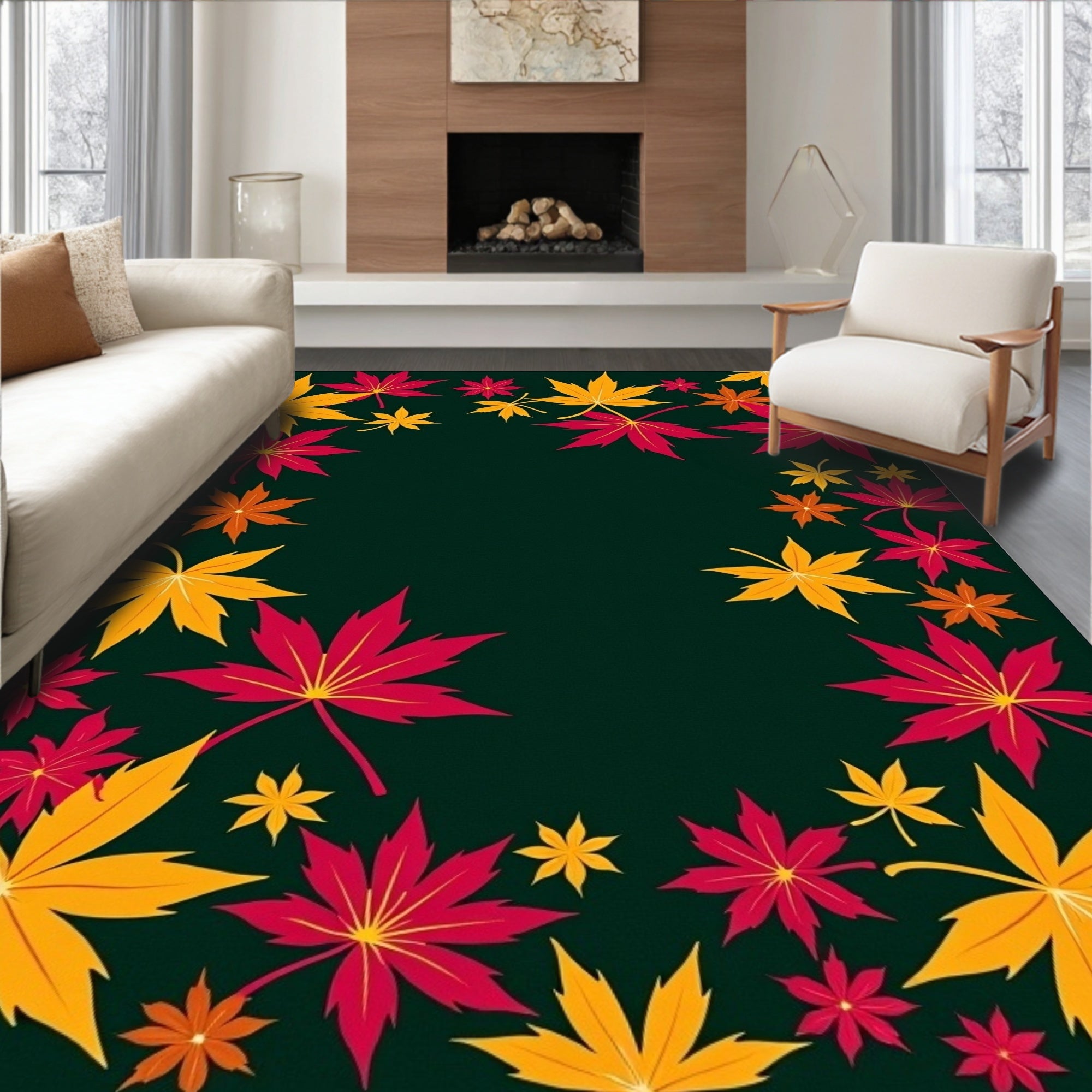Crimson Yellow Leaf Pattern Rug