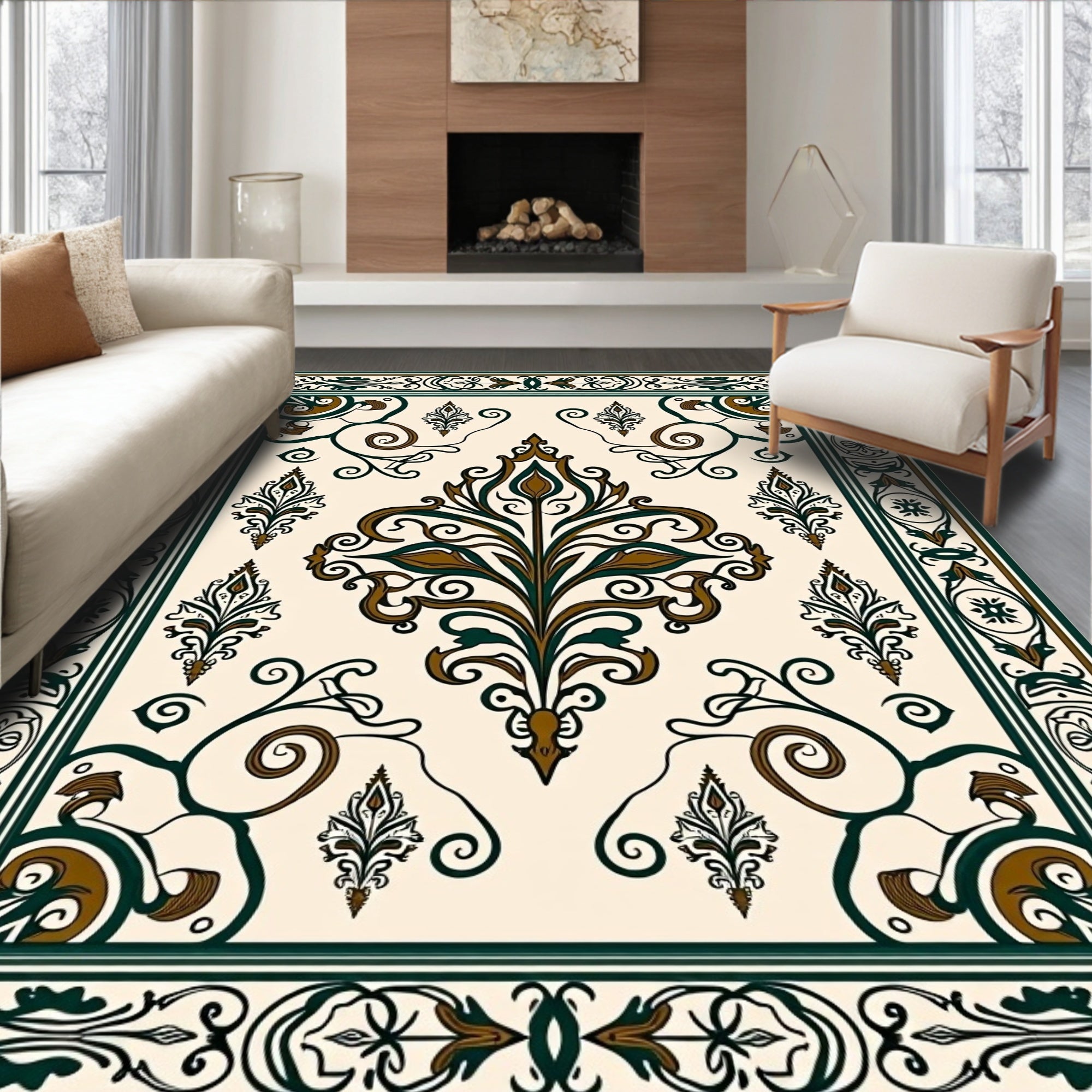 Ornate Floral Scrollwork Border Design Rug
