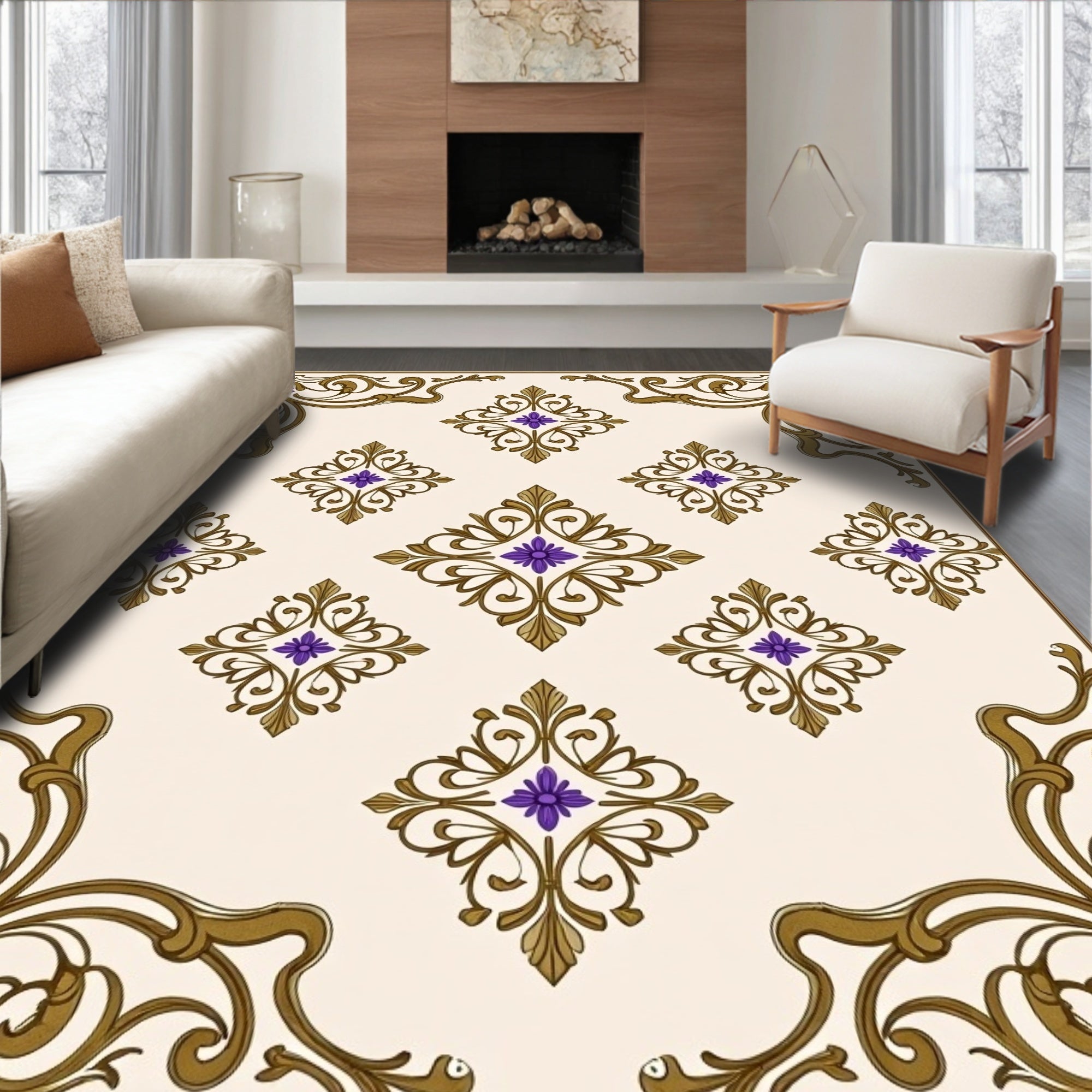 Ornate Floral Diamond Pattern Rug