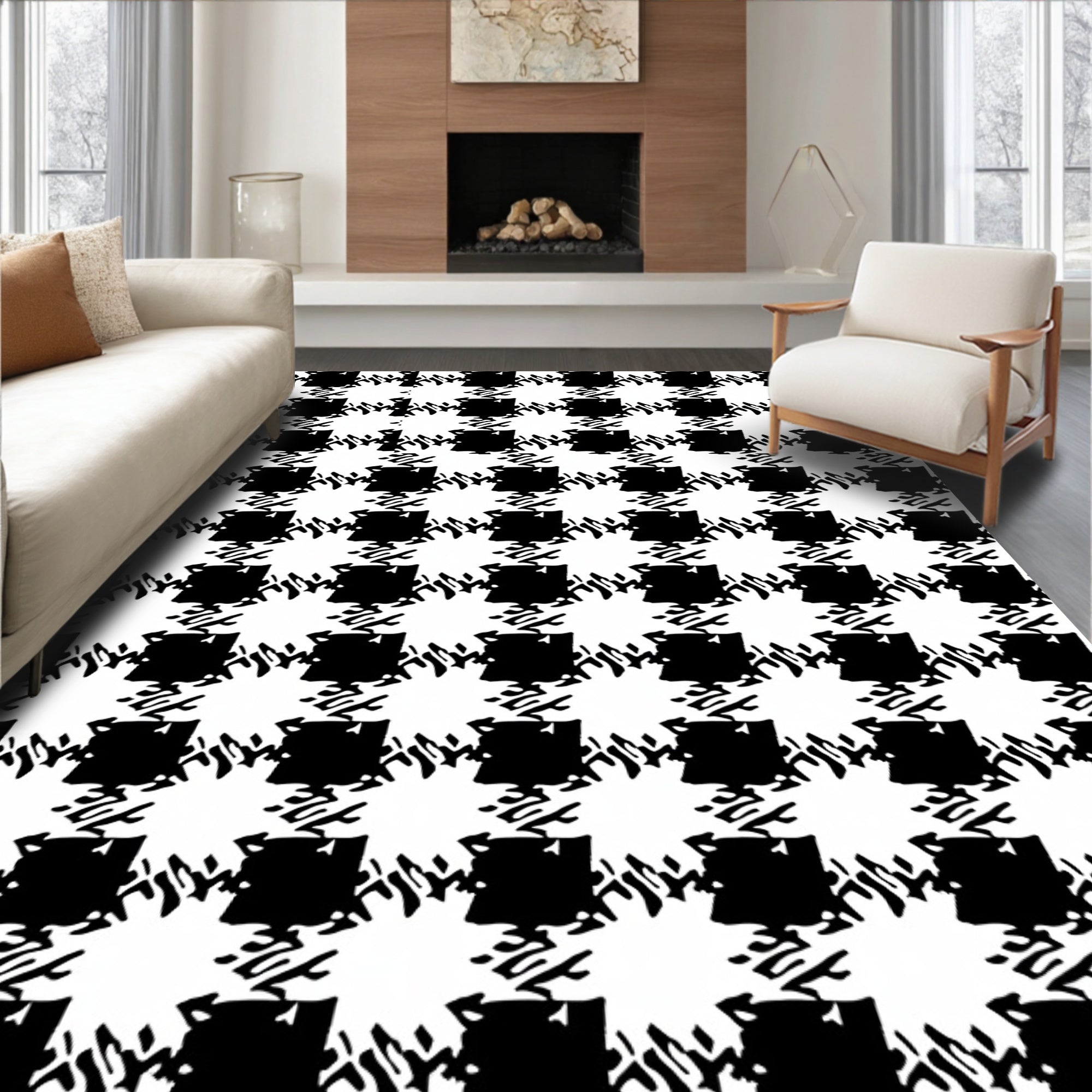 Classic Black White Houndstooth Pattern Rug