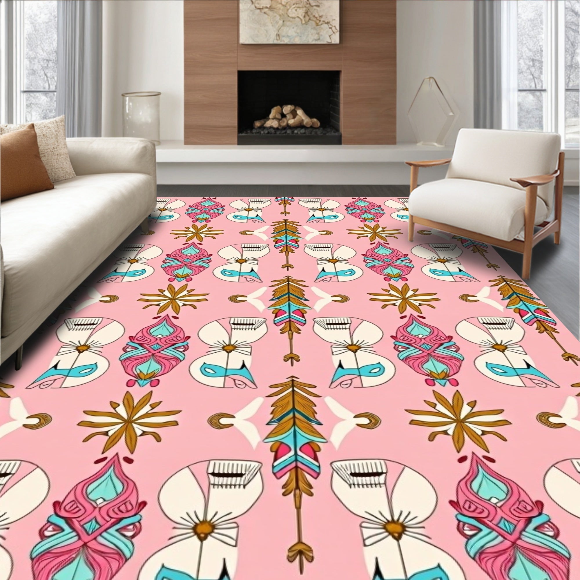 Whimsical Tribal Feather Figure Pattern Rug