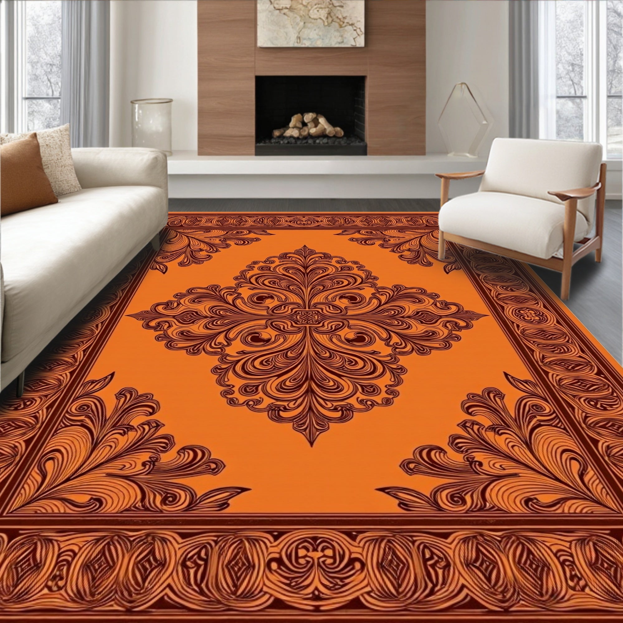 Warm Orange Ornamental Scrollwork Rug
