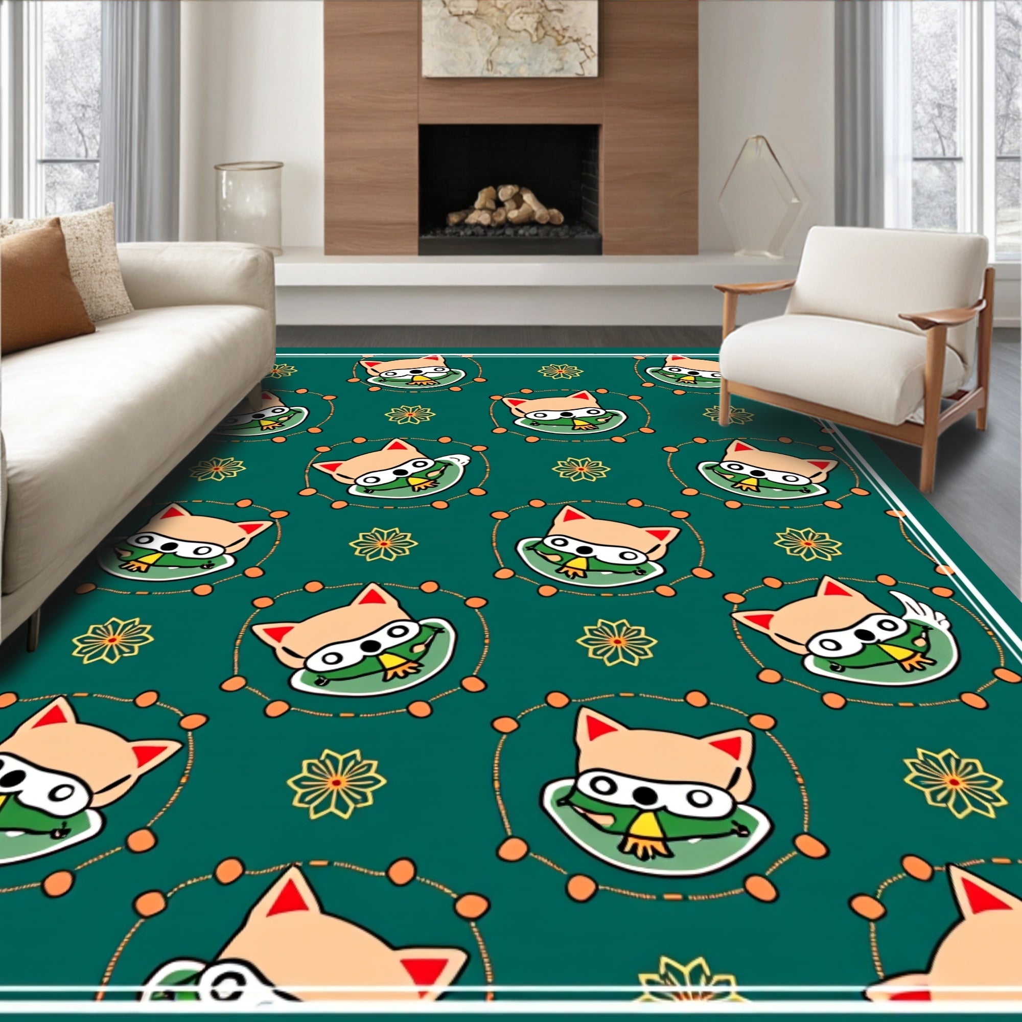 Cute Foxy Face Floral Motif Rug