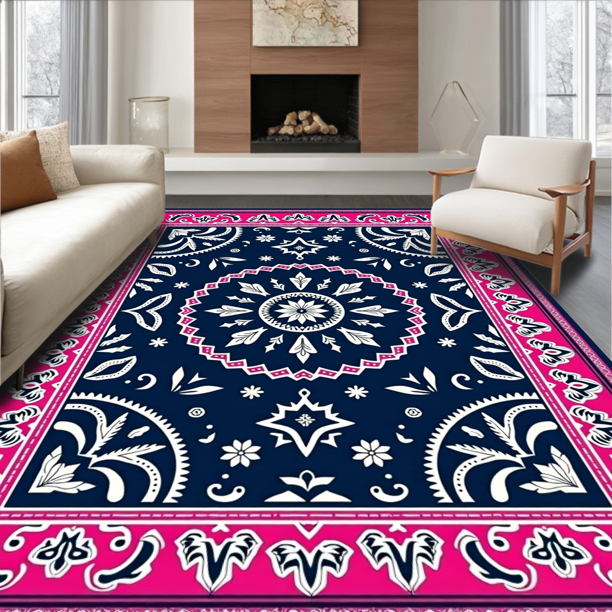 Navy Pink Floral Medallion Mandala Rug