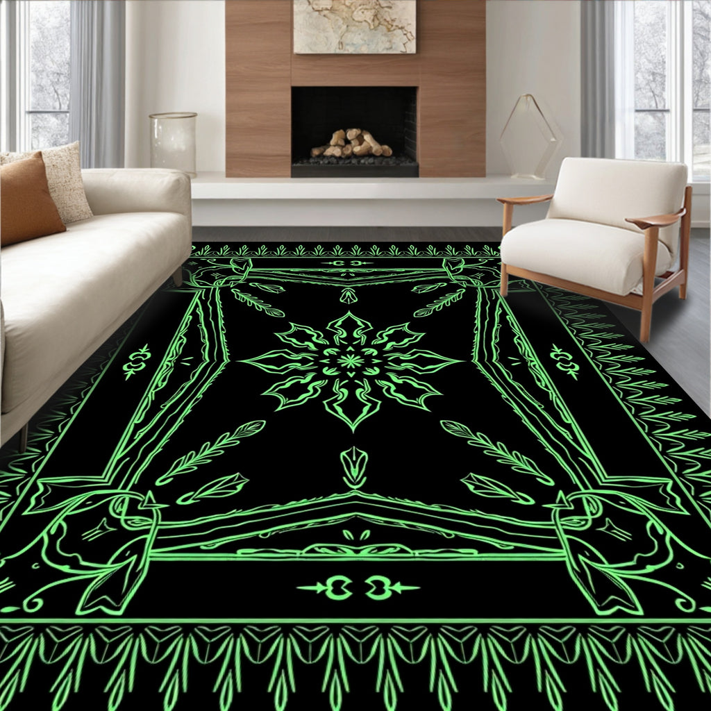 Neon Green Ornamental Floral Border Rug