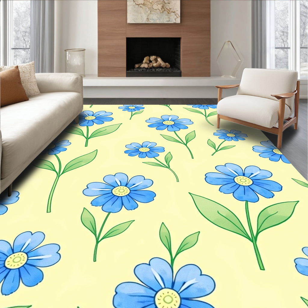 Blue Flowers On Light Yellow Background Rug