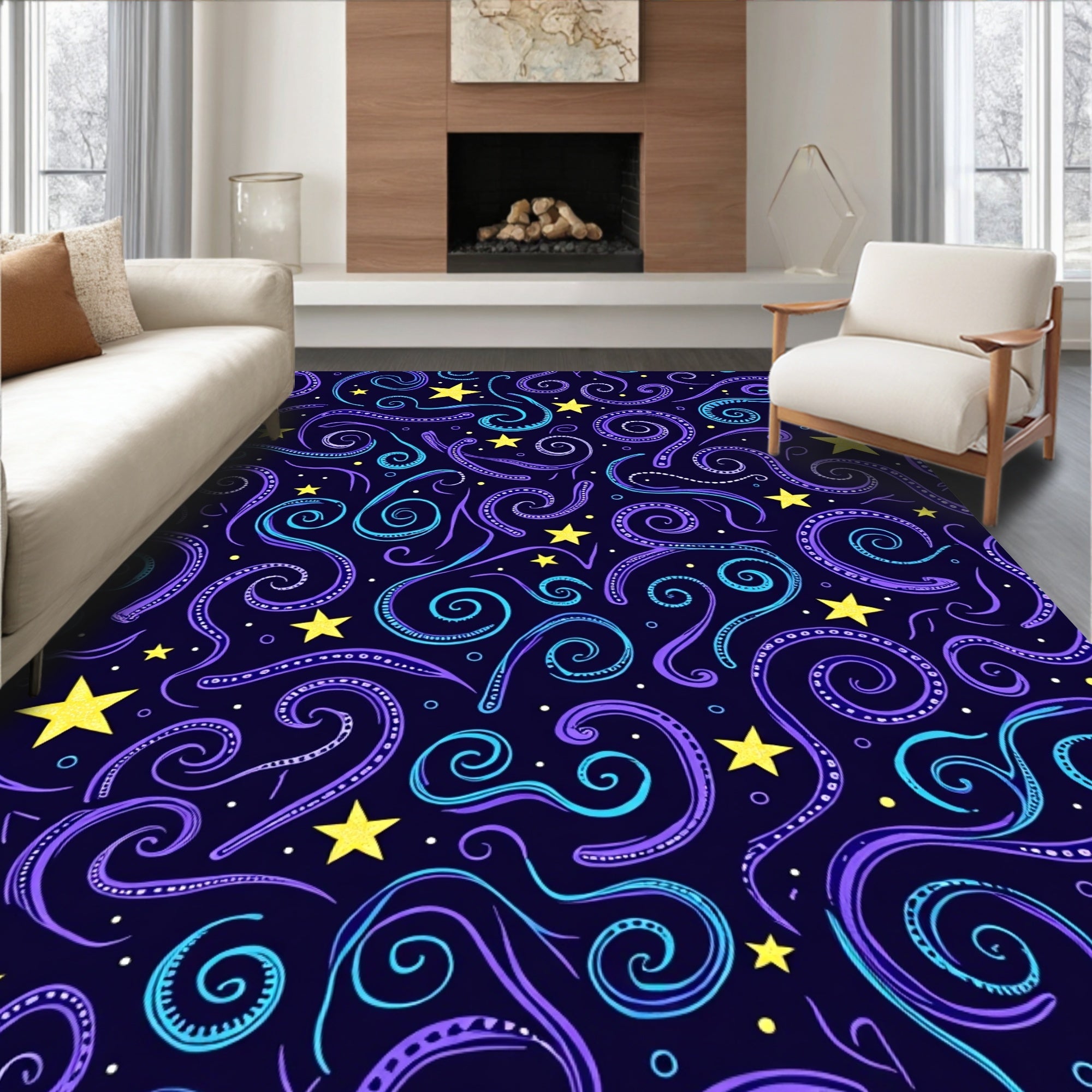 Cosmic Swirls And Star Pattern Rug