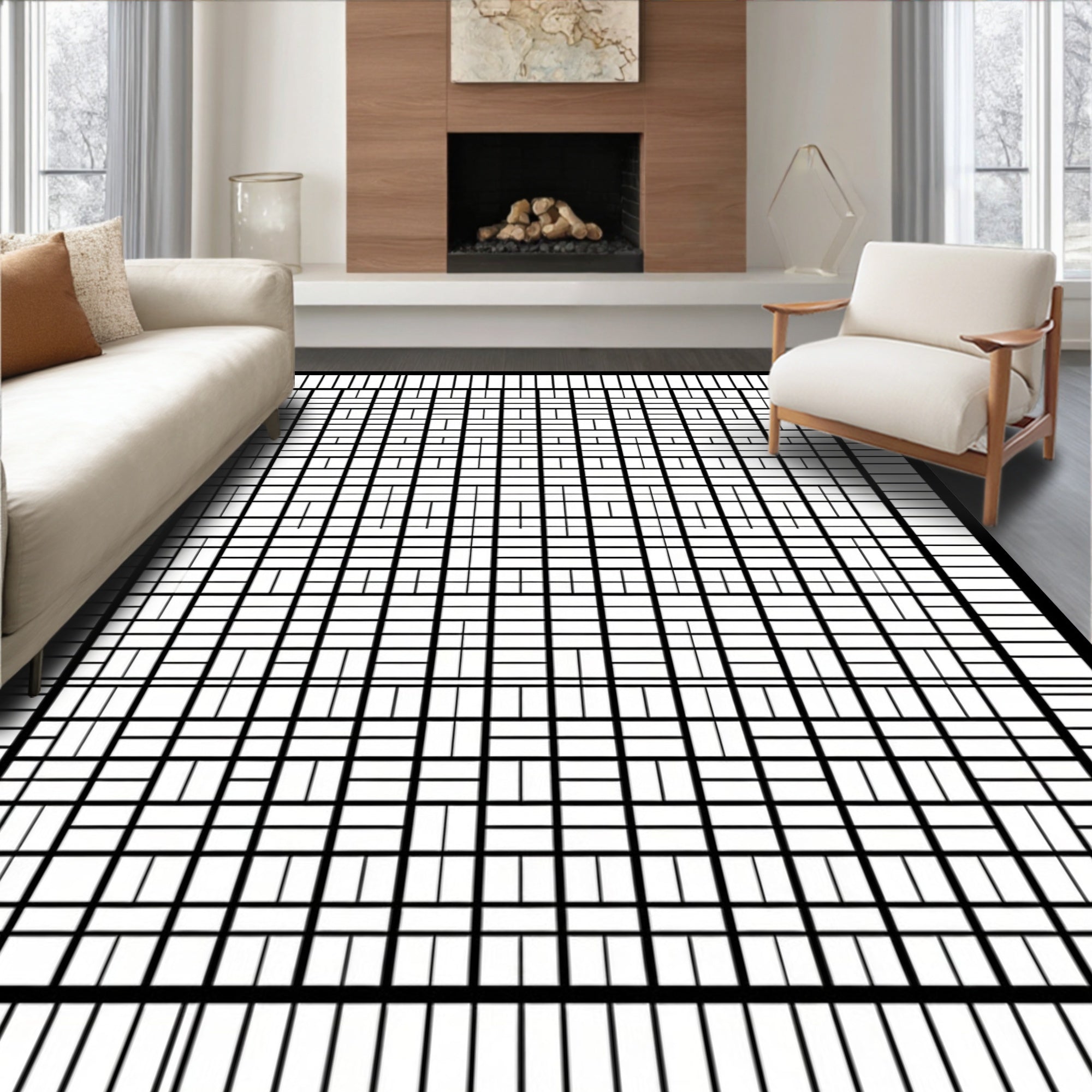 Monochromatic Abstract Grid Pattern Rug