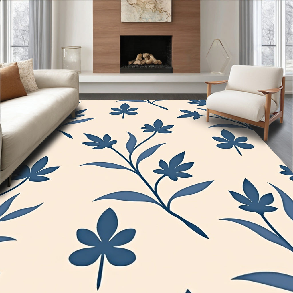 Classic Blue Botanical Branch Pattern Rug