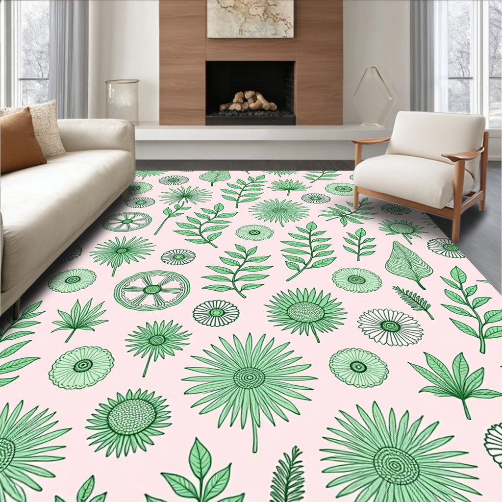 Green Floral Botanical Pattern Rug
