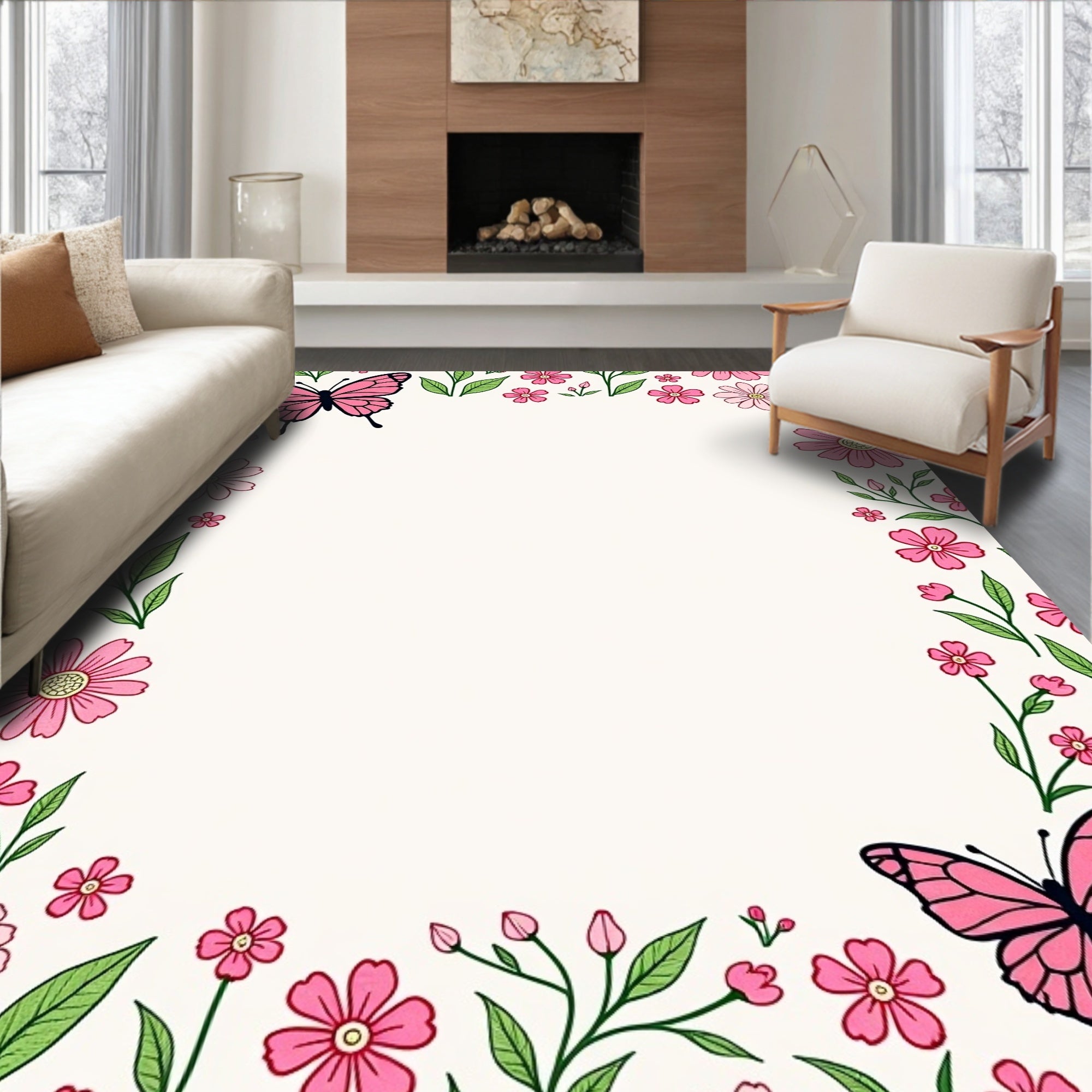 Pink Butterflies and Daisies Pattern Rug