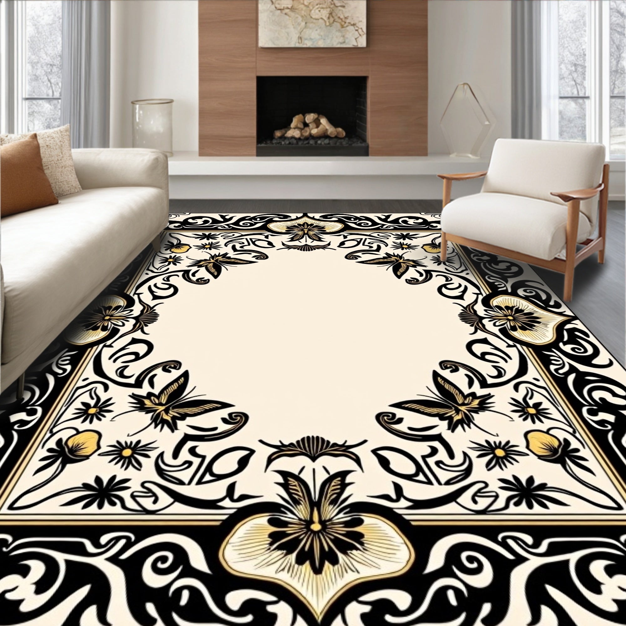 Ornate Butterfly Flower Frame Design Rug