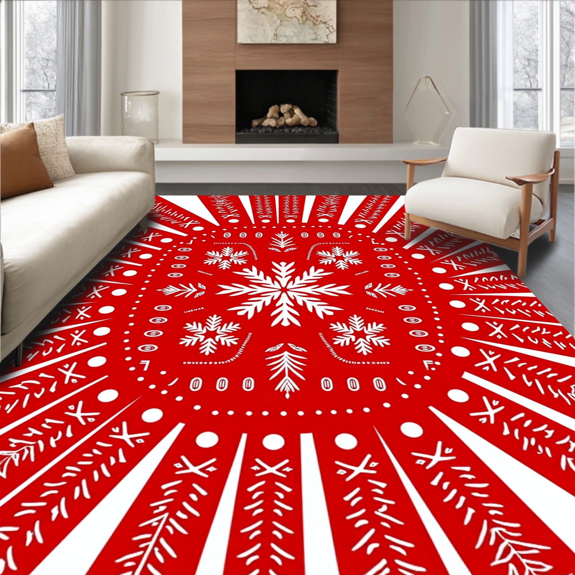Red Festive Snowflake Pattern Rug