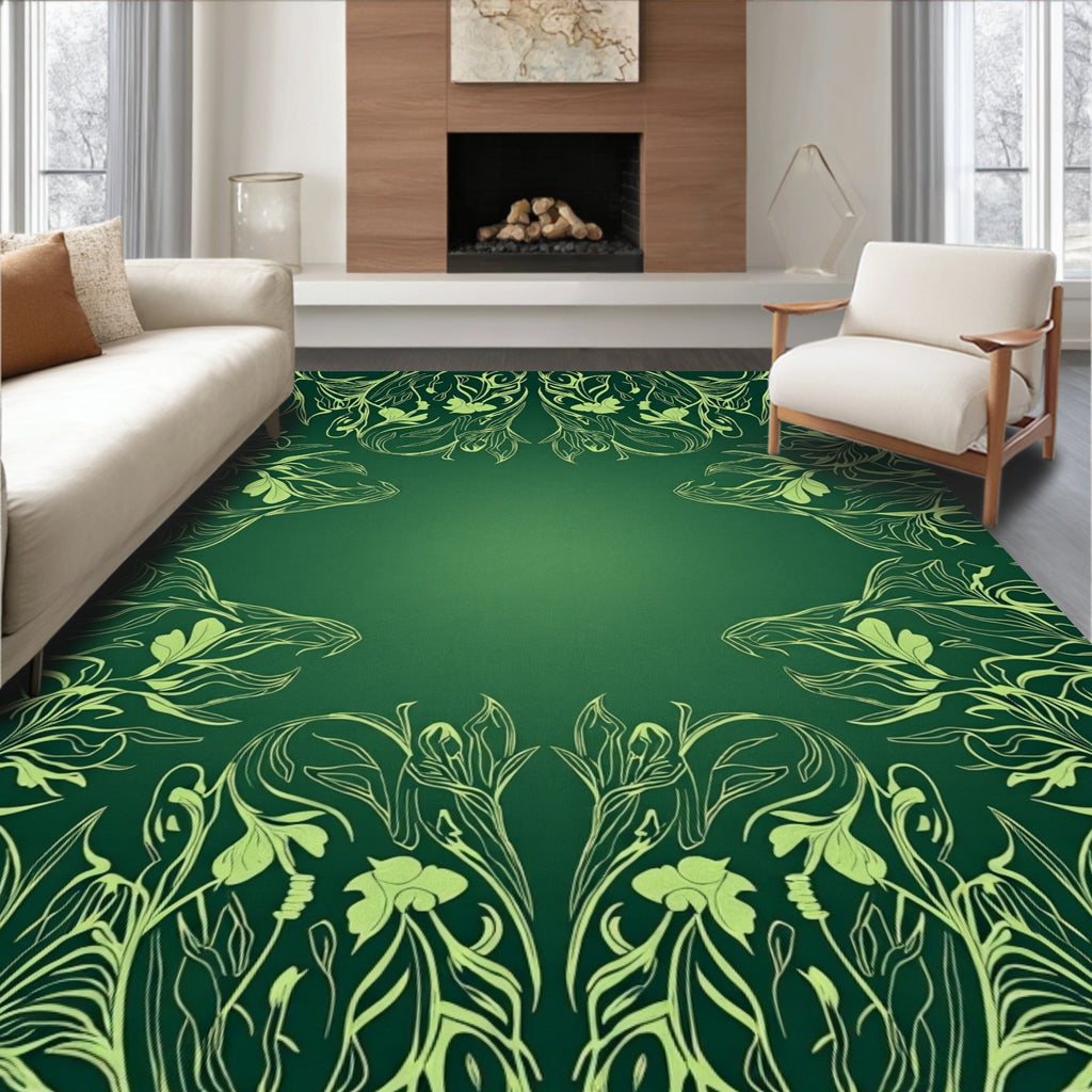 Elegant Emerald Floral Symmetry Rug