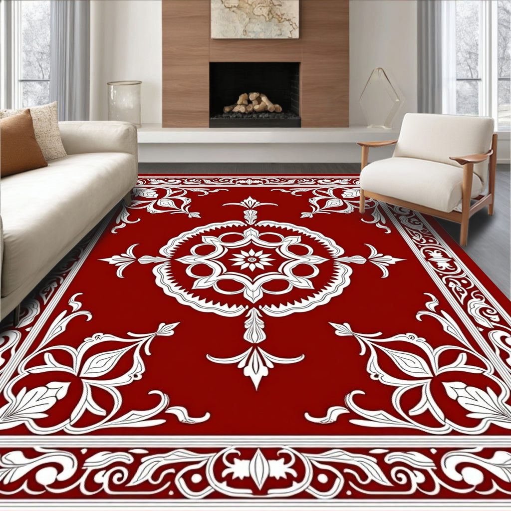 Regal Red and White Floral Frame Rug