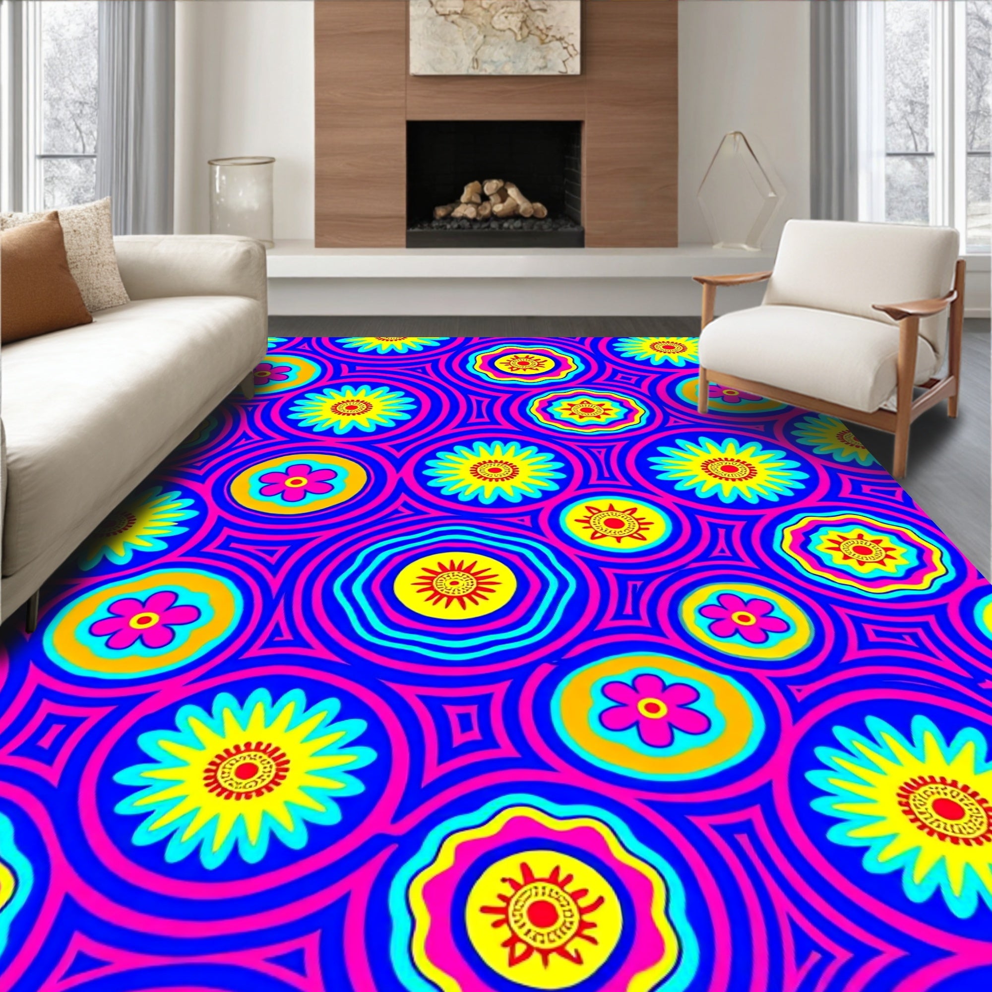 Vibrant Retro Floral Circles Rug