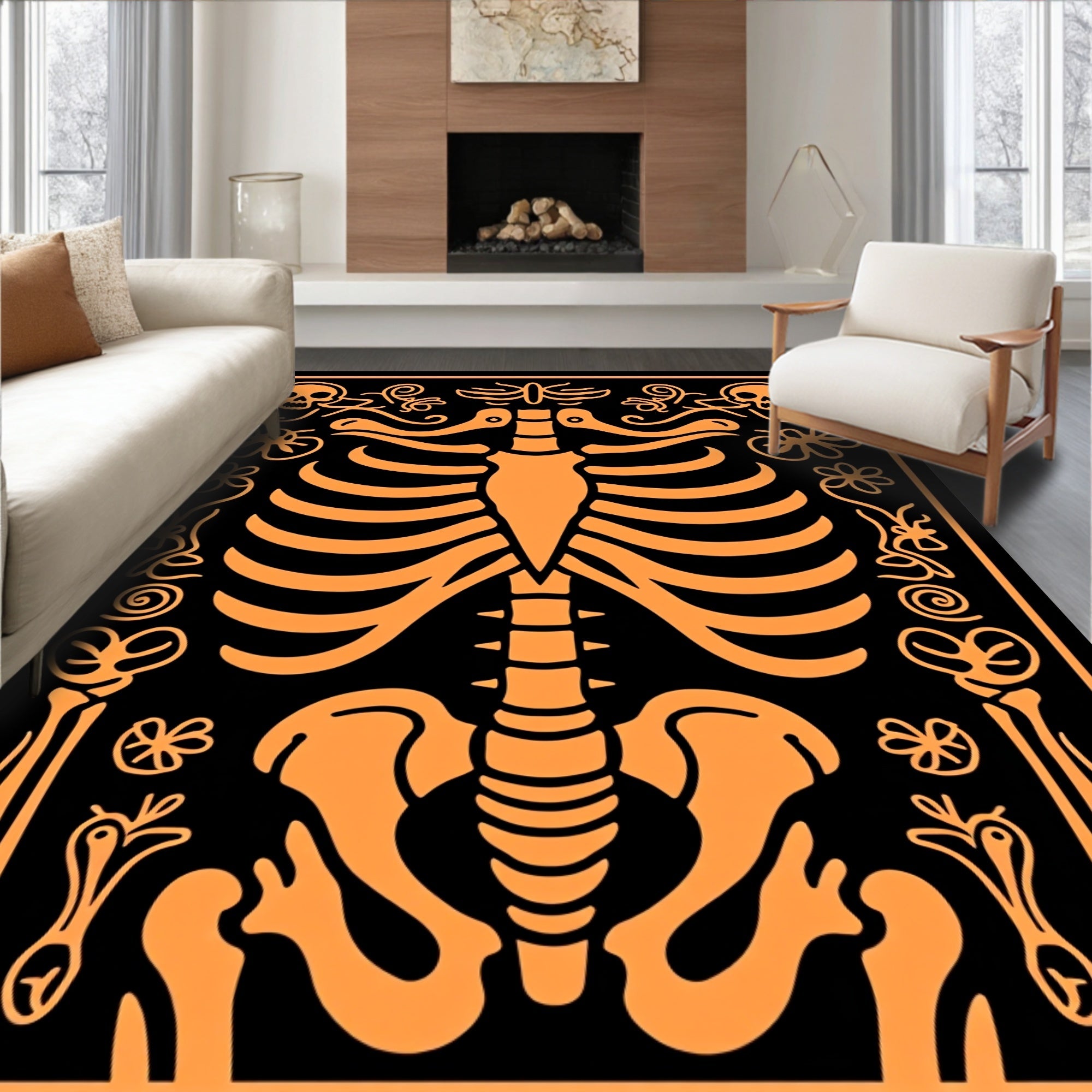 Orange Skull Ribcage Floral Pattern Rug