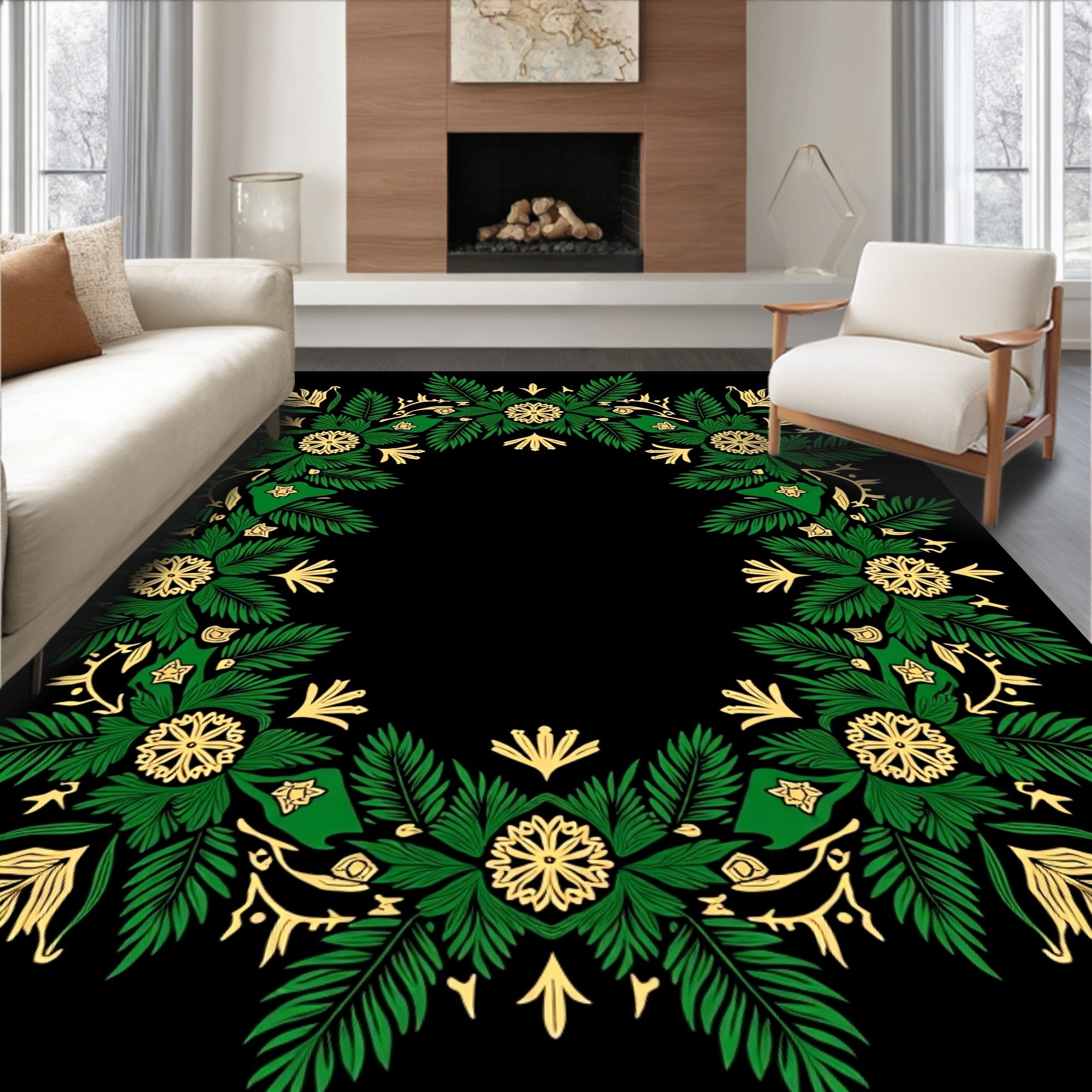 Emerald Green Gold Floral Wreath Rug