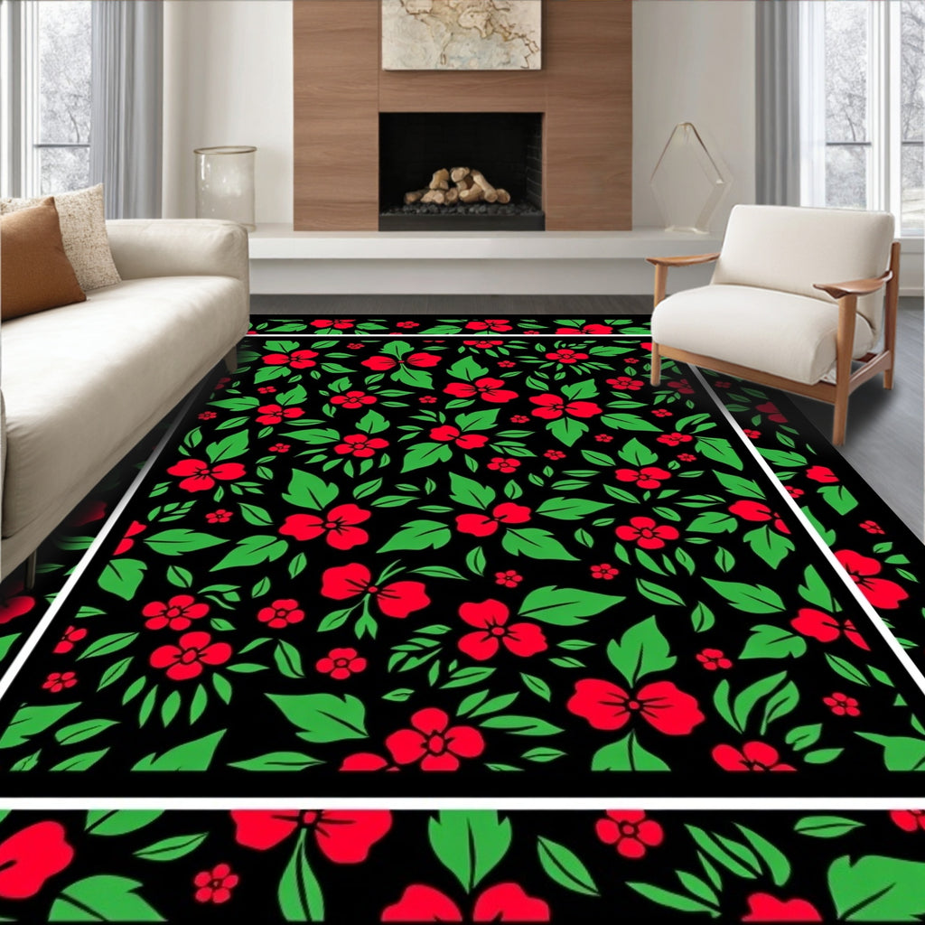 Bold Floral Pattern With Red Blossoms Rug