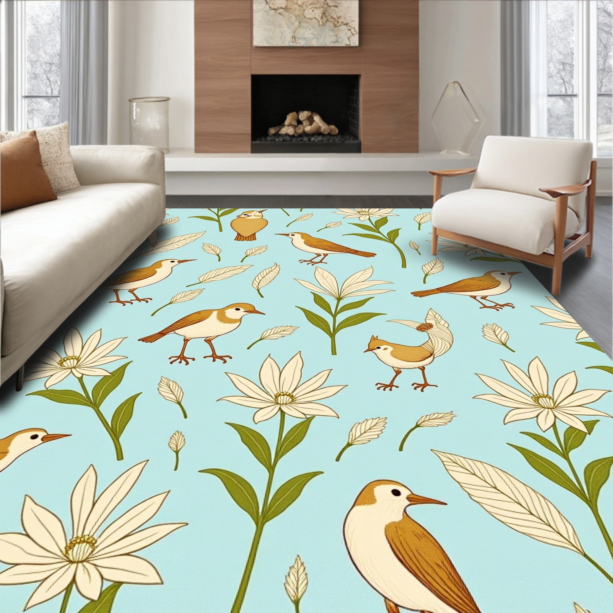 Birds and Flowers Pattern Rug
