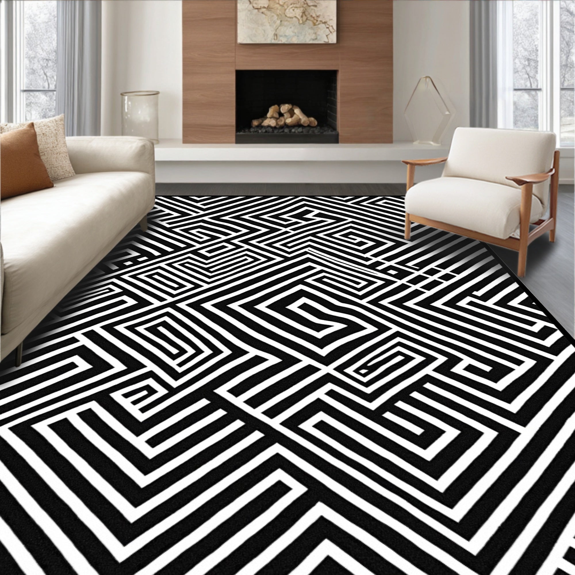 Abstract Black White Geometric Maze Rug