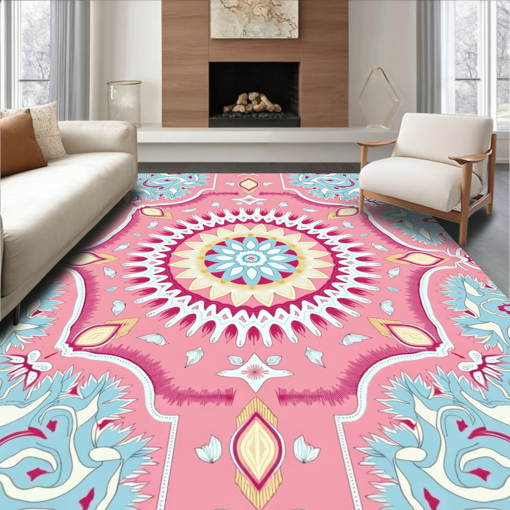 Pink Floral Medallion Mandala Rug