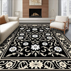 Classic Floral Scrollwork Black Cream Rug