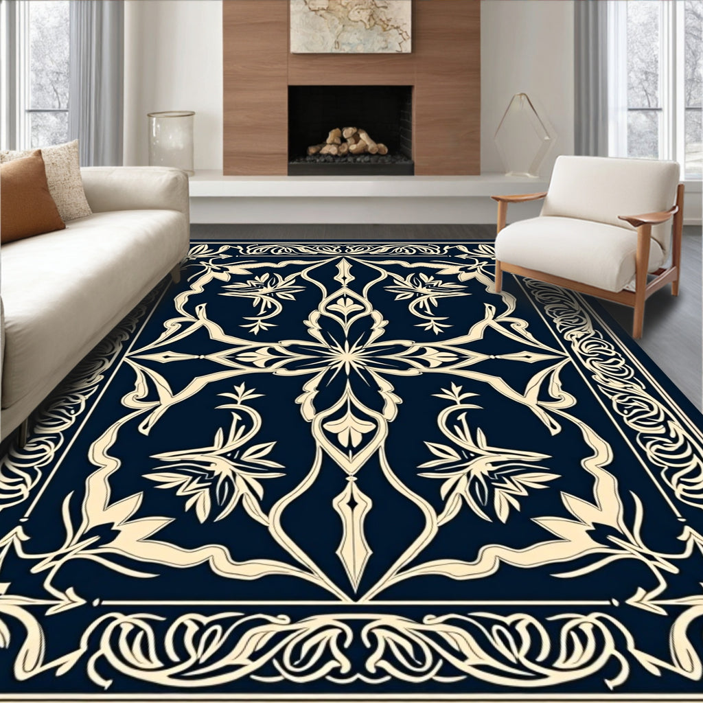 Ornate Floral Scroll Dark Navy Rug