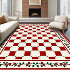 Red White Checkerboard Floral Border Rug