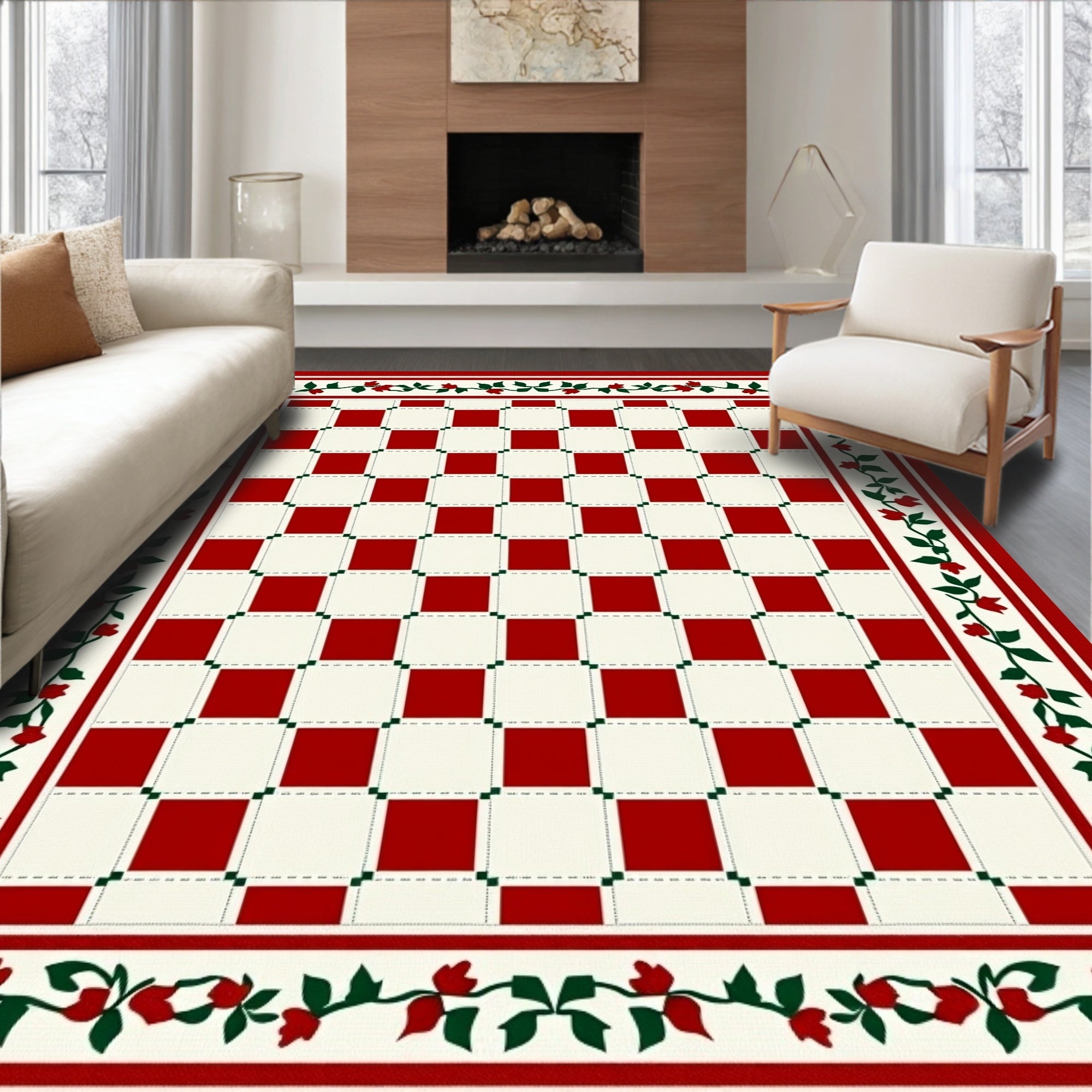 Red White Checkerboard Floral Border Rug