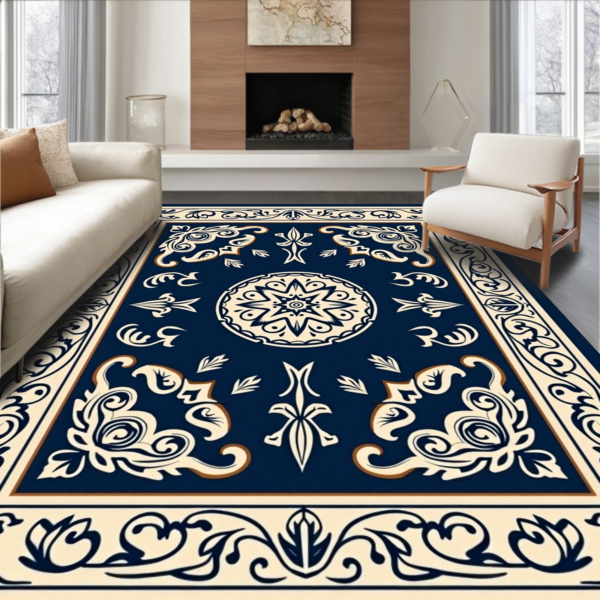 Ornate Navy Floral Patterned Rug