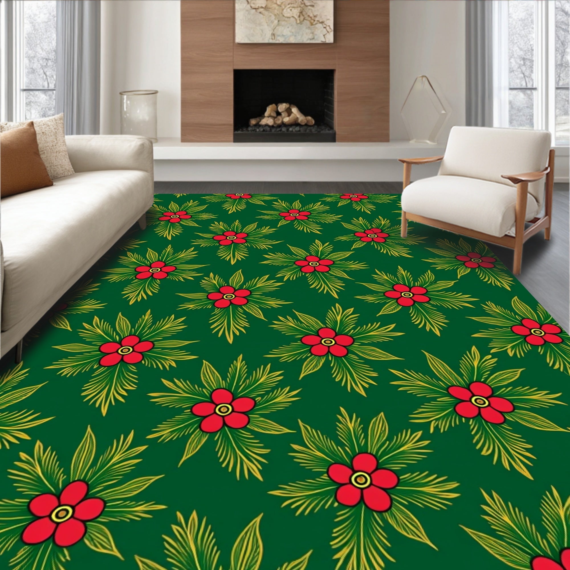 Emerald Green Red Floral Burst Rug