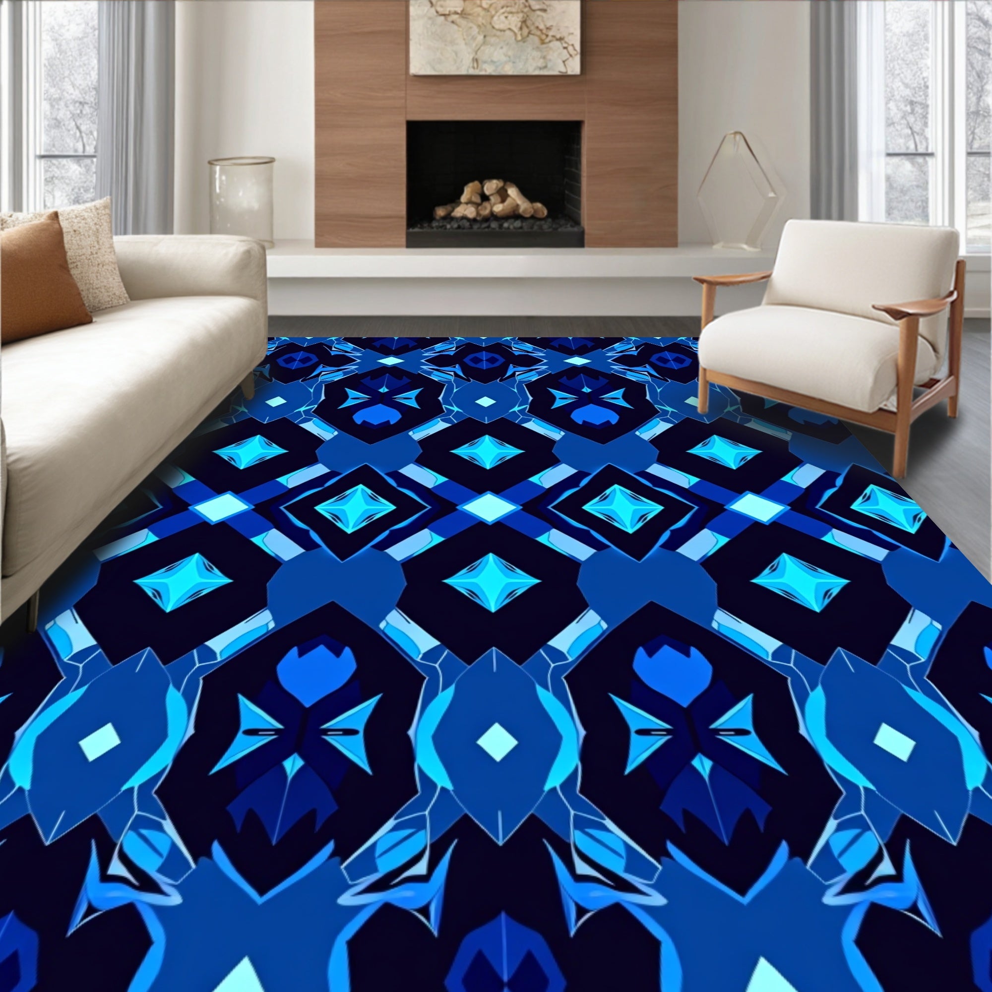 Royal Blue Geometric Diamond Pattern Rug