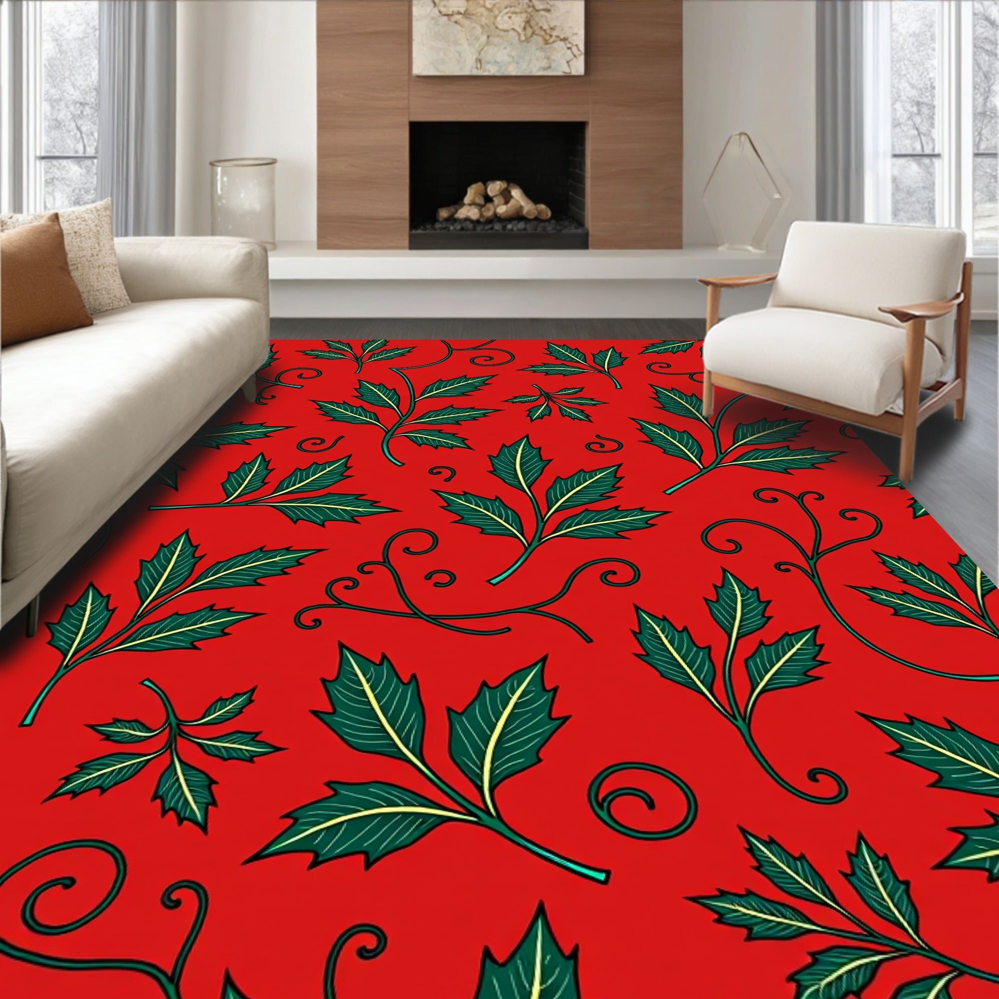 Vibrant Red Green Leaf Swirl Pattern Rug