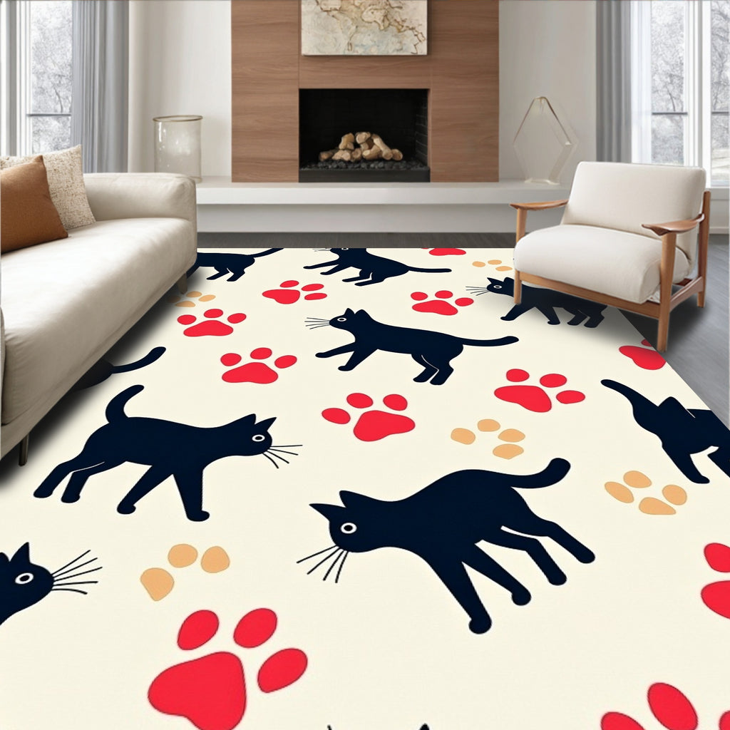 Cute Black Cat Paw Print Pattern Rug
